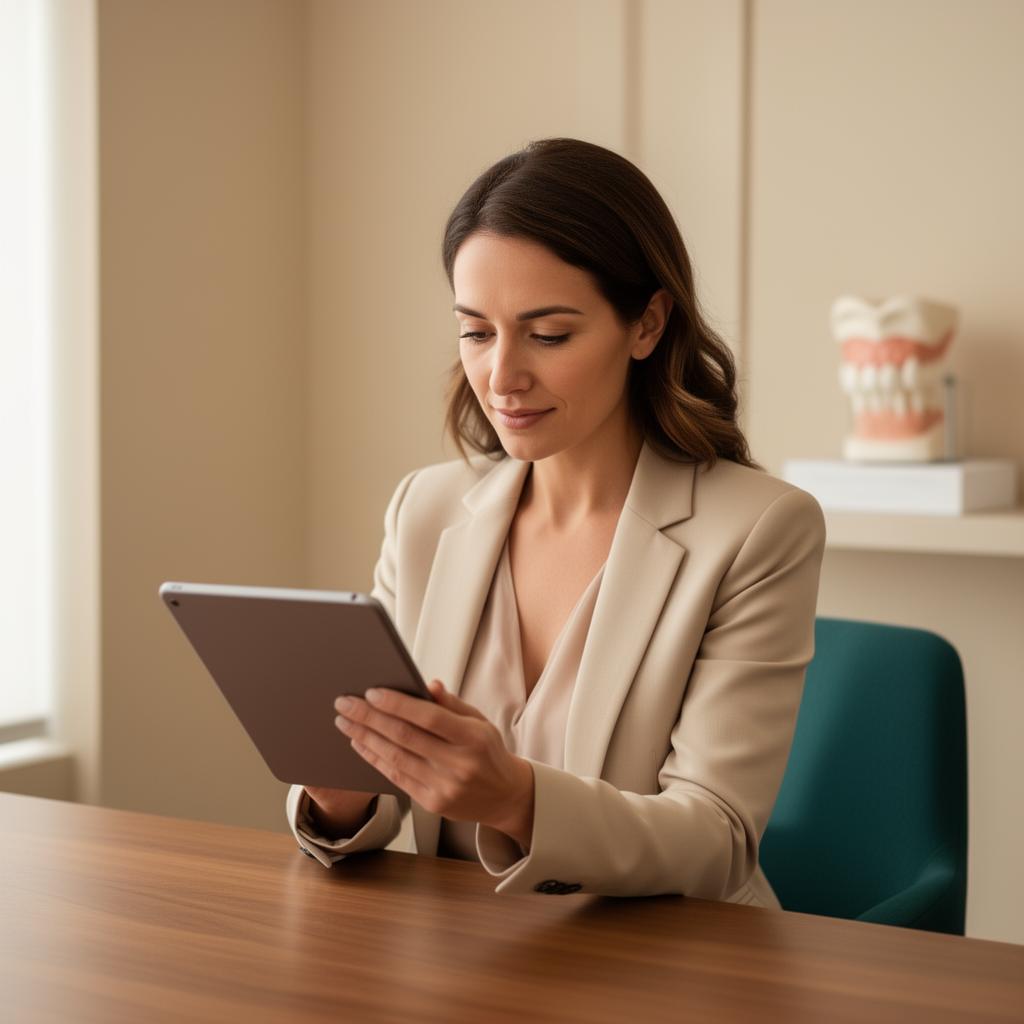Dental professional reviewing planning documents in her practice office