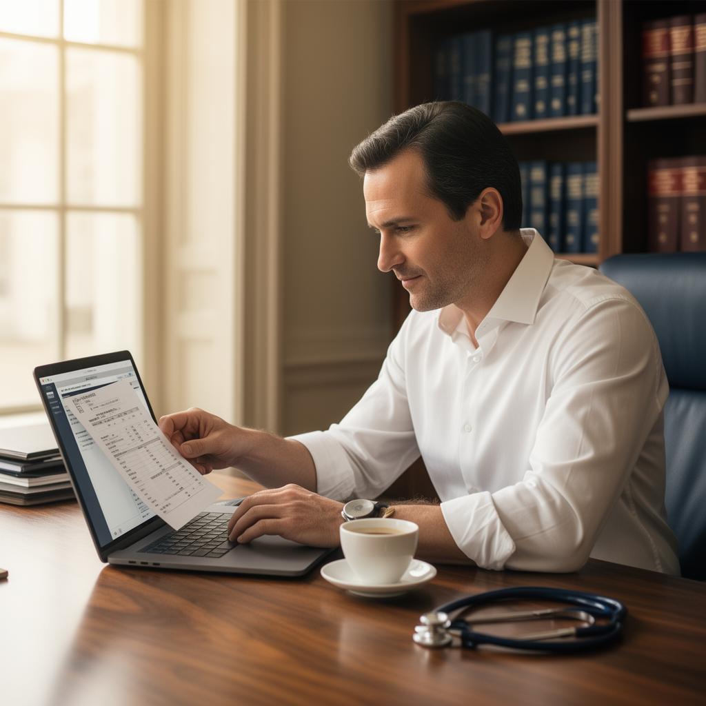 Medical professional reviewing specialist financial planning in a private office